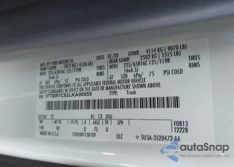 2020 Ford Transit-250 из США, поврежденный, VIN 1FTBR1C82LKA90959